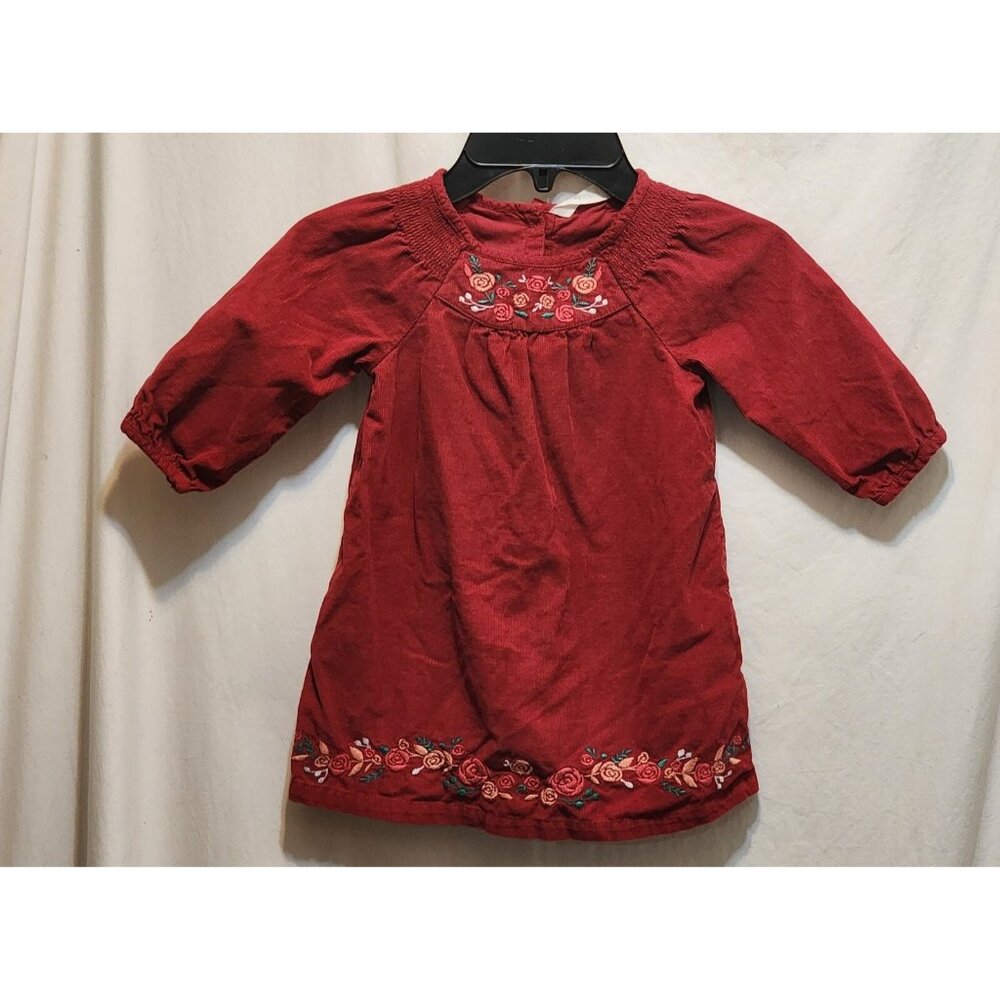 Beebay Red Corduroy Floral Smocked Bishop Dress Girls 12-18 Months Long Sleeve